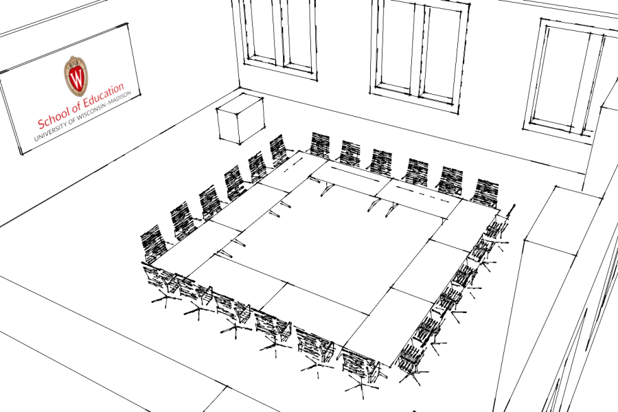 Sketch of the Wisconsin Idea room with the tables and chairs forming a square