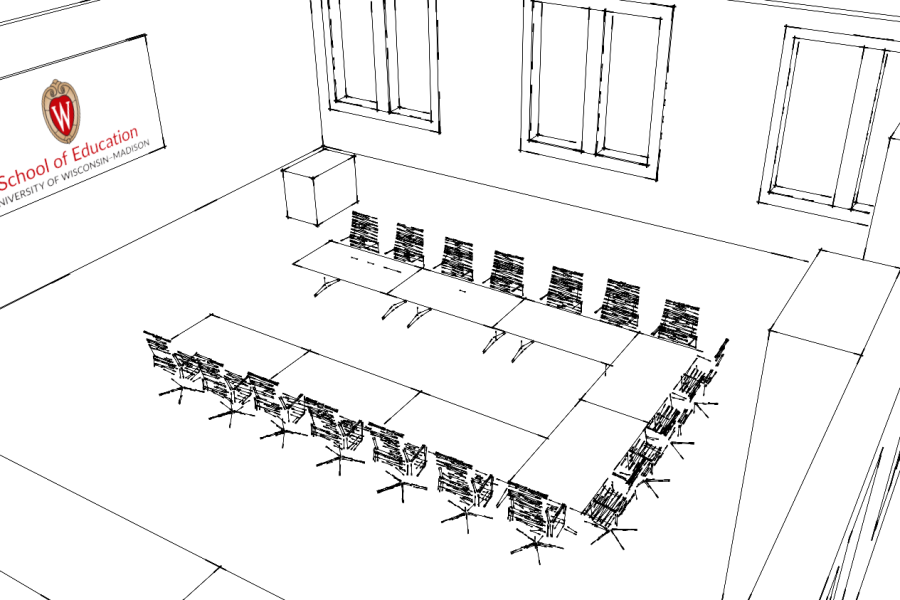 Sketch of the Wisconsin Idea room with the tables and chairs forming a U shape