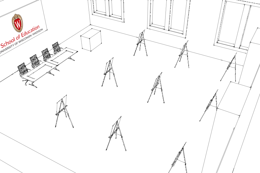 Sketch of the Wisconsin Idea room with poster easels