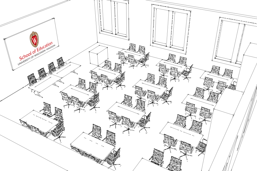 Sketch of the Wisconsin Idea room with the tables and chairs forming three rows