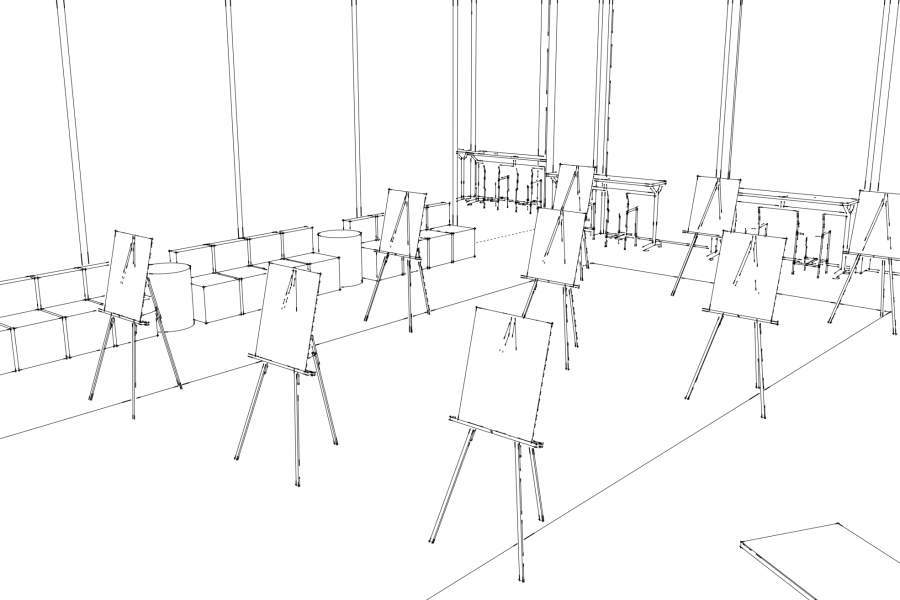 Sketch of the Morgridge Commons with poster easels