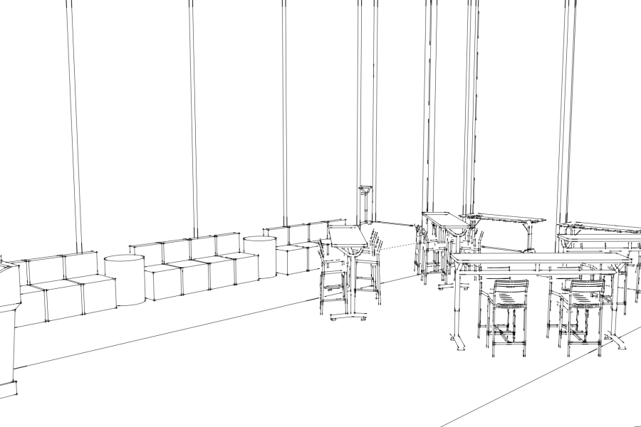 Sketch of the Morgridge Commons with the tables and chairs forming four standing areas
