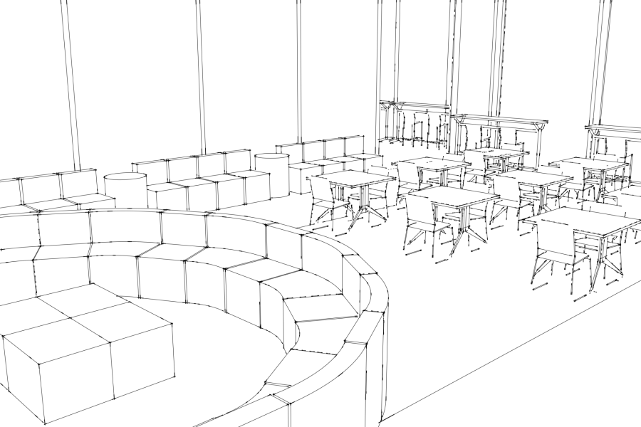 Sketch of the Morgridge Commons with the tables and chairs forming rows