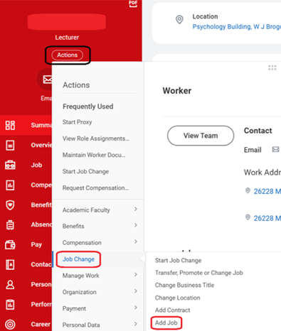 Screenshot showing the process for hiring or adding a job to a current employee in Workday.
