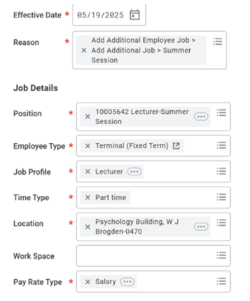 Screenshot showing the process for hiring or adding a job to a current employee in Workday.