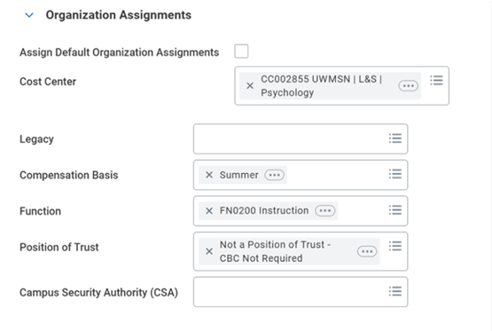 Screenshot showing the process for hiring or adding a job to a current employee in Workday.