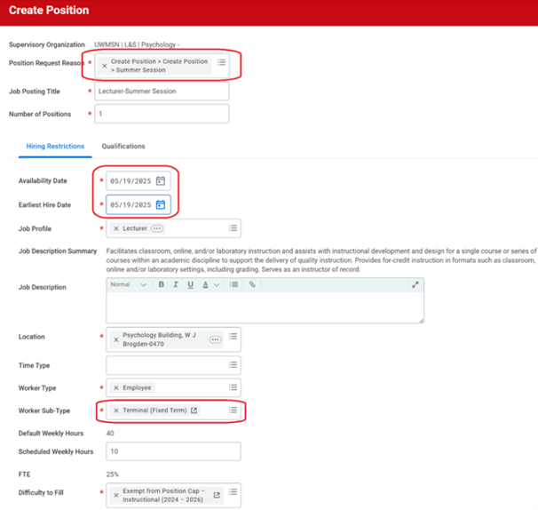 Screenshot from Workday showing the unique fields needed for setting up a Summer Session or Summer Service position.