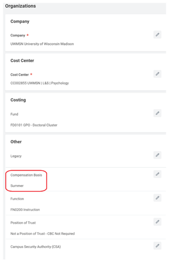 Screenshot from Workday showing the unique fields needed for setting up a Summer Session or Summer Service position.